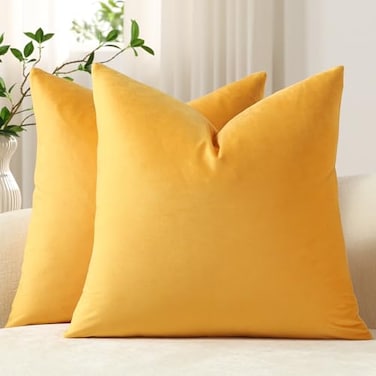 DEZENE Throw Pillow Covers 16x16 Gold Yellow Pack of 2 Cozy Soft Velvet Square Modern Luxury Decorative Throw Pillow Cases for Sofa Couch Living Room Bed Home Decor