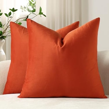 DEZENE Throw Pillow Covers 22x22 Burnt Orange Pack of 2 Cozy Soft Velvet Square Modern Luxury Decorative Throw Pillow Cases for Sofa Couch Living Room Bed Home Decor