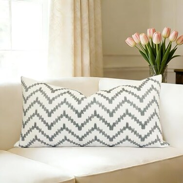 Slow Cow Linen Embroidery Decorative Lumbar Throw Pillow Cover Rectangular Pillowcase Cushion Cover for Bed Couch Sofa 12 x 24 Inches Dark Gray