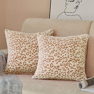 FY FIBER HOUSE Leopard Print Pillow Cover Flannel Fleece Throw Pillow Cases Covers for Couch Bed Sofa Set of 2 18 x 18 Inch Brown