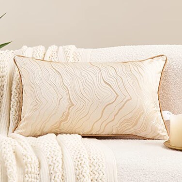 Avigers 12 x 20 Inch Rectangle Beige Gold Abstract Striped Embroidery Cushion Case Luxury Modern Throw Pillow Cover Decorative Pillow for Couch Living Room Bedroom Car