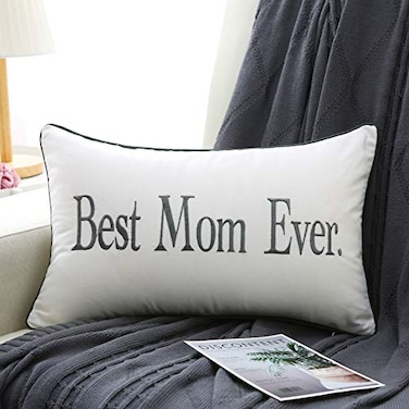 Sanmetex Mom Gifts from Son Daughter Best Mom Ever Lumbar Pillow Cover 12x20 Inch Embroidered Ivory