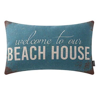TRENDIN Welcome to Our Beach House Pillow Cover 20x12 Inch for Cabin Lodge Decor Couch Pillowcase Cotton Linen PL453TR
