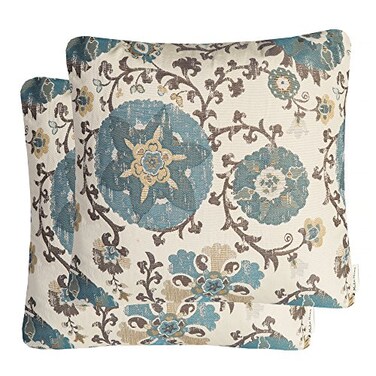 Mika Home Pack of 2 Jacquard Circle Floral Throw Pillow Case Decorative Pillow Cover for 22X22 Inserts Cream Blue