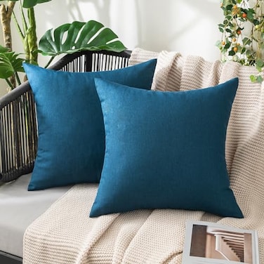 MIULEE Pack of 2 Decorative Outdoor Solid Waterproof Throw Pillow Covers Faux Linen Garden Farmhouse Coastal Cushion Cases for Summer Patio Tent Balcony Couch Sofa 20x20 Inch Blue