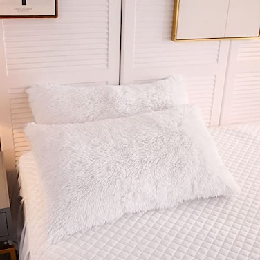 LIFEREVO 2 Pack Faux Fur Pillow ShamsShaggy Plush Home Decorative Luxury Series Super Soft Furry Pillow Case with Zipper Closure for Home Sofa Couch DecorationStandard White20x26