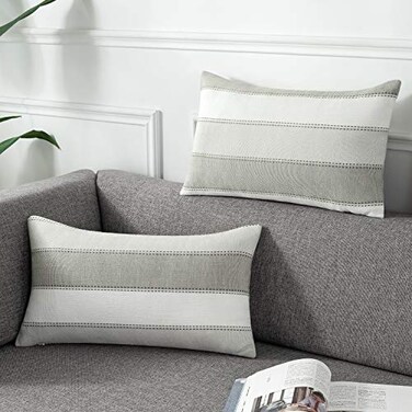 AmHoo Pack of 2 Farmhouse Stripe Check Throw Pillow Covers Set Case Cotton Linen Decorative Pillowcases Cushion Cover for Couch Bench Sofa 12x20Inch Light Grey Beige