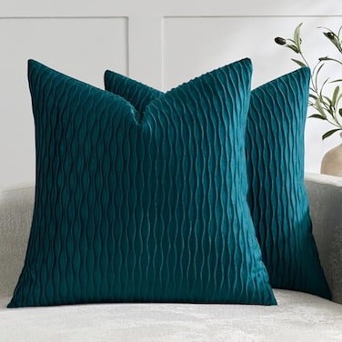 DEZENE 16x16 Teal Throw Pillow Cases Pack of 2 Vertical Ripple Striped Velvet Square Decorative Pillow Covers for Farmhouse Couch Sofa Bed Living Room Home Decor
