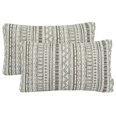 Mika Home Pack of 2 Rectangle Decorative Pillow Cases Throw Pillow Covers for Home Decoration Bohemian Striped Geometric Pattern 12x20 Inches Gray Cream