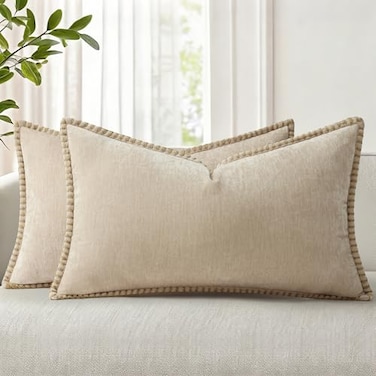 decorUhome Summer Chenille Soft Cozy Throw Pillow Covers 12x20 Set of 2 Modern Farmhouse Boho Velvet Decorative Pillow Cases with Stitched Edge for Couch Sofa Bed Home Decor Beige