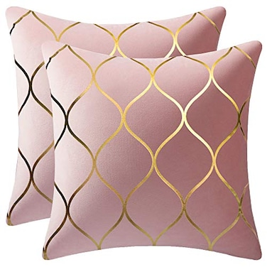 DEZENE Gold Velvet Throw Pillow Covers 2 Pack 16x16 Inch Square Decorative Pillow Cases for Bedroom Sofa Couch Living Room Pink