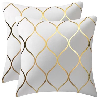 DEZENE Gold Velvet Throw Pillow Covers Off White 2 Pack 16x16 Inch Square Decorative Pillow Cases for Bedroom Sofa Couch Living Room