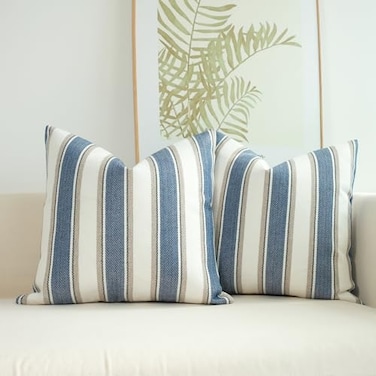 JOJUSIS Stripe Throw Pillow Covers Farmhouse Pillowcases Pack of 2 16 x 16 Inch Blue