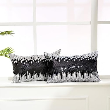 Eternal Beauty 2 Pcs Black and Silver Sequin Pillow Covers 12x20 Premium 5mm Large Sparkly Glitter Throw Pillow Covers with Wide Opening for Party Couch Sofa Bed Decorative Cushion Cases
