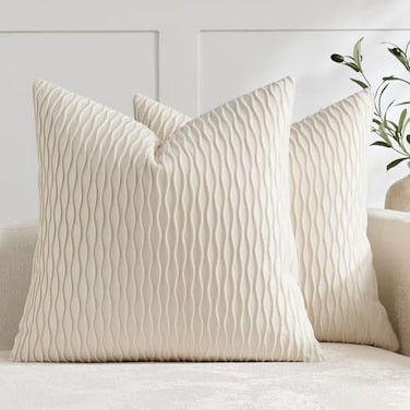 DEZENE Beige Couch Pillow Covers Pack of 2 24x24 Inch Vertical Ripple Striped Velvet Square Throw Pillow Cases for Couch Sofa Bed Living Room Home Decor
