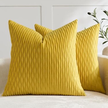 DEZENE Mustard Yellow Couch Pillow Covers Pack of 2 16x16 Inch Vertical Ripple Striped Velvet Square Throw Pillow Cases for Couch Sofa Bed Living Room Home Decor