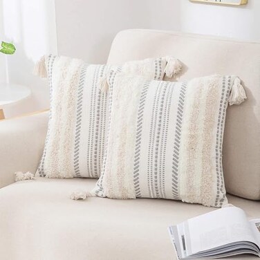 decorUhome Summer Decorative Boho Throw Pillow Covers 20x20 Set of 2 Accent Neutral Textured Tufted Pillow Covers Striped for Couch Bed Sofa Living Room Beige and Cream White