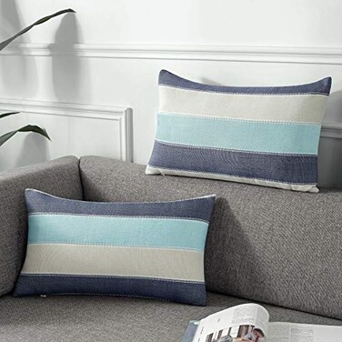 AmHoo Pack of 2 Farmhouse Stripe Check Throw Pillow Covers Set Case Cotton Linen Decorative Pillowcases Cushion Cover for Couch Bench Sofa 12x20Inch Blue Beige