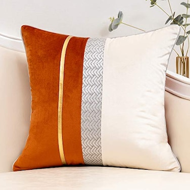 Yangest Burnt Orange Patchwork Velvet Throw Pillow Cover with Gold Striped Leather Cushion Case Modern Luxury Pillowcase for Sofa Couch Bedroom Living Room Home Decor20x20