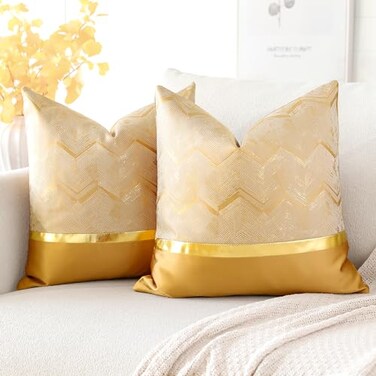 OTOSTAR Set of 2 Fall Throw Pillow Covers for Bed Couch Sofa Car Decor Luxury Modern Minimalist Gold Leather Stitching Wavy Stripes Square Pillowcase Cushion Cover 18 x 18 Inches Gold