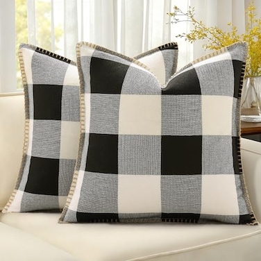 decorUhome Summer Buffalo Plaid Check Throw Pillow Covers 20x20 Set of 2 Outdoor Linen Decorative Farmhouse Gingham Pillow Covers with Stitched Edge for Bed Couch Sofa Black and White