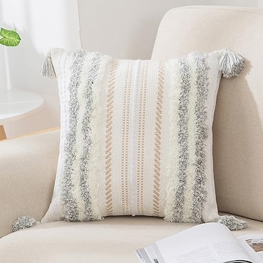 decorUhome Summer Decorative Boho Throw Pillow Cover 18x18 Accent Neutral Textured Tufted Pillow Cover Striped for Couch Bed Sofa Light Grey and Cream White Pack of 1