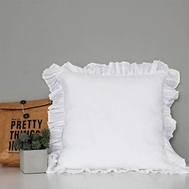 King Linens 100 French Linen Throw Pillow Covers Set of 2 Washed Flax Decorative Ruffled Square Cushion Cover Solid Color Soft Breathable White 18 x 18
