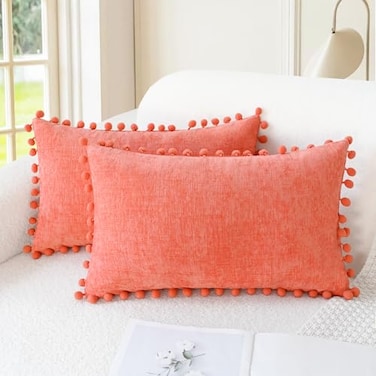 CaliTime Throw Pillow Covers Decorative 20 X 12 Inches Pack of 2 Cozy Solid Dyed Soft Chenille Cushion Cases with Pom Poms for Couch Sofa Bed Living Room Home Living Coral
