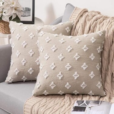 MIULEE Set of 2 Decorative Throw Pillow Covers Rhombic Jacquard Pillowcase Spring Soft Square Cushion Case for Couch Sofa Bed Bedroom Living Room 20x20 Inch Beige