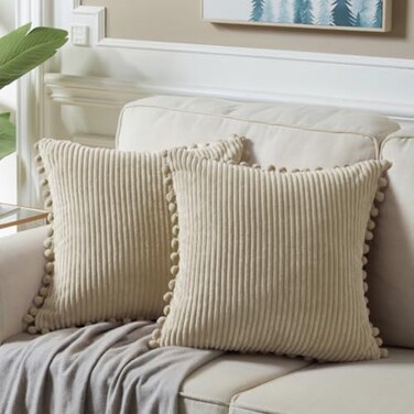 Fancy Homi Pack of 2 Tan 20x20 Inch Decorative Throw Pillow Covers with Pompoms Soft Corduroy Solid Square Cushion Cases Set for Living Room Couch Sofa Bedroom Car 20x20 Inch50x50 cm Khaki