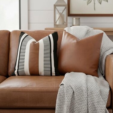 Vfuty Set of 2 Decorative Faux Leather Throw Pillow Covers for Couch Sofa Bed Farmhouse Tribal Stripe Accent Pillow Case Modern Minimalist Cushion Covers 18 x 18 Inches Black Brown