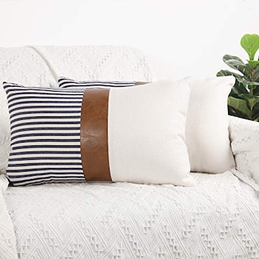 cygnus 12x20 Pillow Covers Set of 2 Farmhouse Decor Stripe Patchwork Linen Throw Lumbar Pillow Covers Modern Faux Leather Covers for Couch SofaNavy Blue