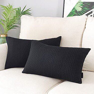 Booque Valley Rectangular Throw Pillow Covers Pack of 2 Super Soft Elegant Modern Knit Lumber Black Cushion Covers Oblong Pillowcases for Sofa Bed Car Chair 12 x 20 inch Black