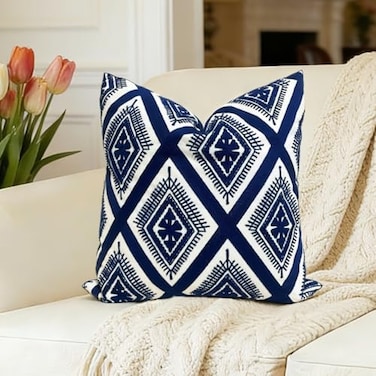 Slow Cow Embroidery Cushion Cover Decorative Invisible Zipper Throw Pillow Cover for Living Room 20 x 20 Inch Navy Blue