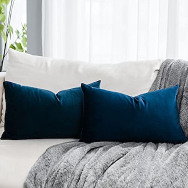 QUAFOO Navy Blue Decorative Lumbar Velvet Throw Pillow Covers 16x24 inch Set of 2 with Zipper Luxury Soft Solid Rectangle Cushion Covers Case for Sofa Couch Bed Living Room