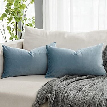QUAFOO Light Blue Decorative Lumbar Velvet Throw Pillow Covers 16x24 inch Set of 2 with Zipper Luxury Soft Solid Rectangle Cushion Covers Case for Sofa Couch Bed Living Room
