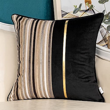 Yangest Black Striped Patchwork Throw Pillow Cover Gold Leather Cushion Cover Zippered Pillowcase for Sofa Couch Bedroom Living Room Home Decoration20x20 Inch