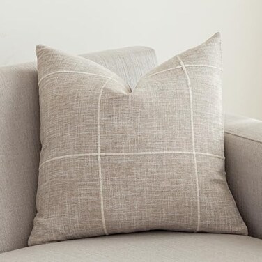 vctops Rustic Lattice Cotton Linen Decorative Throw Pillow Cover Embroidery Square Cushion Cover Pillowcase for Sofa Bedroom Couch Plaid Coffee24x24