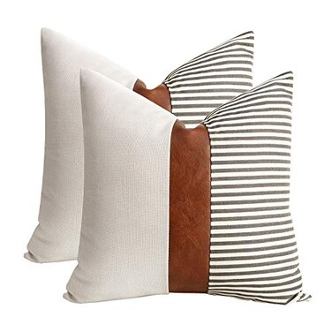 cygnus 20x20 Pillow Covers Set of 2 Farmhouse Decor Stripe Patchwork Linen Throw Pillow Covers Modern Faux Leather Covers for Couch Sofa Gray