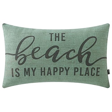 TRENDIN Beach Themed Throw Pillow Covers 20x12 inch The Beach is My Happy Place Lumbar Pillowcase Retro Nautical Decorations Linen Cushion Cover for Sofa Couch PL663TR
