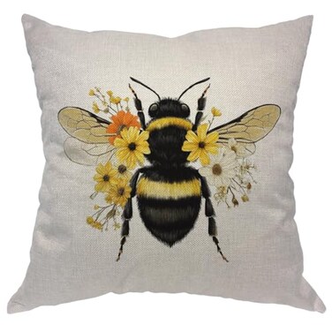 Moslion Bee Pillowcases 18x18 Inch Animal Insect Bug Bee with Wings Yellow Flower Throw Pillow Cover Case Cotton Linen Decorative Cushion for Couch Bed