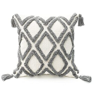 PLWORLD Boho Gray Throw Pillow Cover 20x20 Inch with Tassels Grey Moroccan Tufted Decorative Cream Chenille Fabric Accent Textured Cushion Case for Bed Couch 1 PC Cover Only No Insert