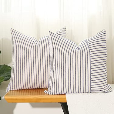 Hckot Navy Blue and Beige Patchwork Farmhouse Throw Pillow Covers 18 x 18 Inch Pack of 2 Striped Linen Decorative Pillow Case for Sofa Couch Chair Bedroom Modern DecorNavy Blue
