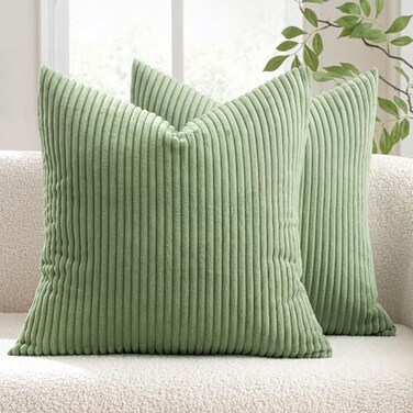 MIULEE Decorative Corduroy Pillow Covers Soft Solid Pack of 2 Cushion Cases Boho Square Throw Pillow Covers Sage Green Pillowcases for Couch Chair Sofa Bed Living Room Home Decor 18 x 18 Inch