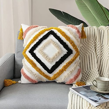 JASEN Boho Throw Pillow Covers Woven Tufted Decorative Pillow Covers with Tassel Diamond Pattern Pillow Covers for Couch Sofa Bedroom Living Room No Pillow Insert Yellow 18 x 18Inch