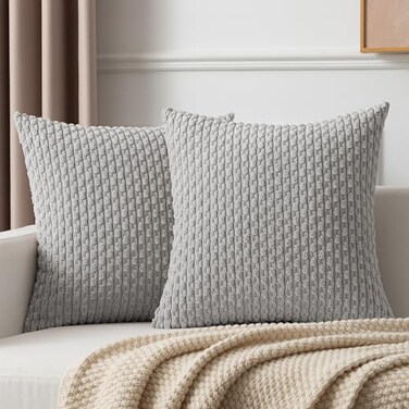 K KEVIN Kevin Textile Set of 2 Decorative Pillows Covers for Couch Striped Boho Velvet Sofa Pillow Covers 40x40cm 16 x 16 Inch Light Grey