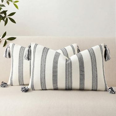 Smile Bee Boho Outdoor Couch Throw Pillow Covers Set of 2 Decorative Lumbar Thick Woven Striped Accent Neutral Pillow Covers with Tassels for Bed Sofa Home Decor 12x20 Inch Black and Cream White