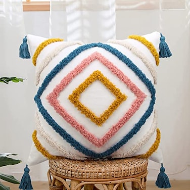 JASEN Throw Pillow Covers 20x20 Boho Pillow Cover with Tassels Woven Tufted Decorative Pillow Cover for Couch Sofa Bedroom Living Room Blue 20x20