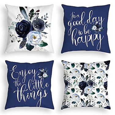 D DIFARIC Navy Blue Throw Pillow Covers 20x20 Inch Floral Roses Flower White Grey Pillows Decorative Throw Pillows Modern Quote Spring Velvet Cushion Case Set of 4 for Couch Bed Sofa