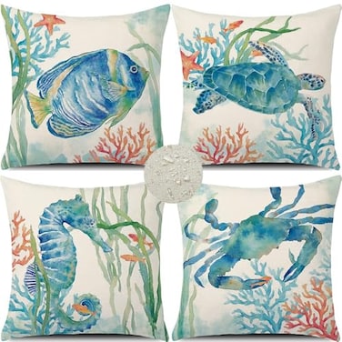 GTEXT Set of 4 Ocean Beach Outdoor Throw Pillow Covers 18x18 inch Sea Coastal Theme Decor Cushion Square Pillowcase Beach Pillows for Patio Couch Sofa Turtle Crab Seahorse Fish Waterproof
